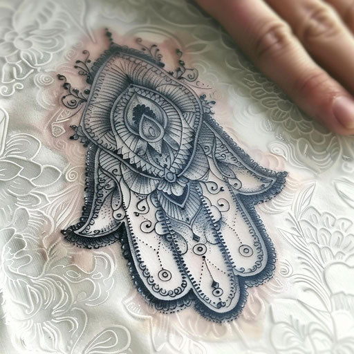 Elegant hamsa tattoo with delicate lace and filigree detailing on white paper texture