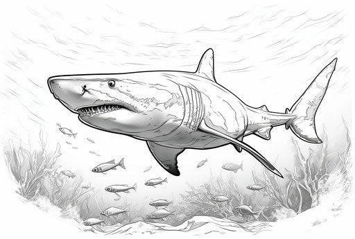 Shark coloring page in black and white, rough-edged 2D animation style