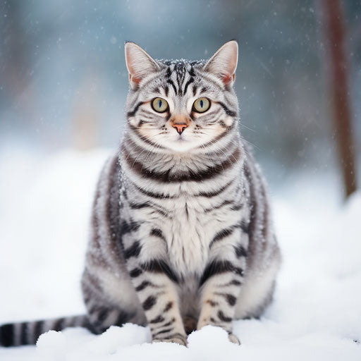An American shorthair cat in the snow