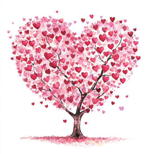 Pink heart-shaped tree with heart leaves on white background
