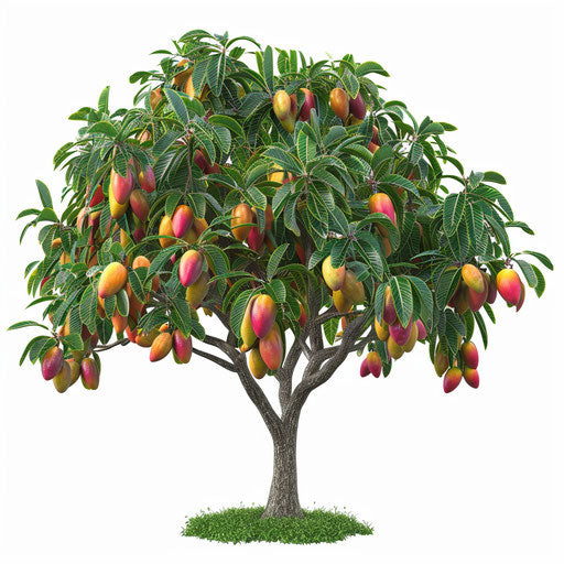 Realistic mango tree illustration on white backdrop, vibrant details
