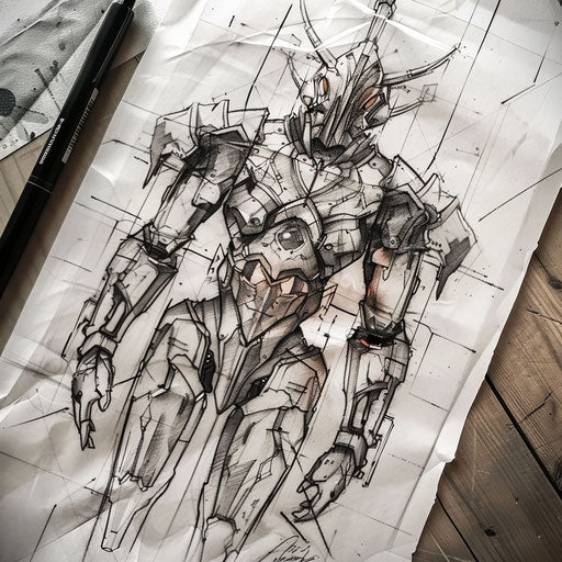 Futuristic tattoo sketch of an oriental robot warrior with metallic effects and modern design
