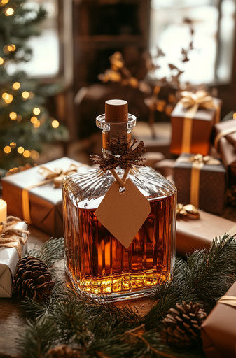 Whiskey bottle with gift tag on table surrounded by Christmas presents