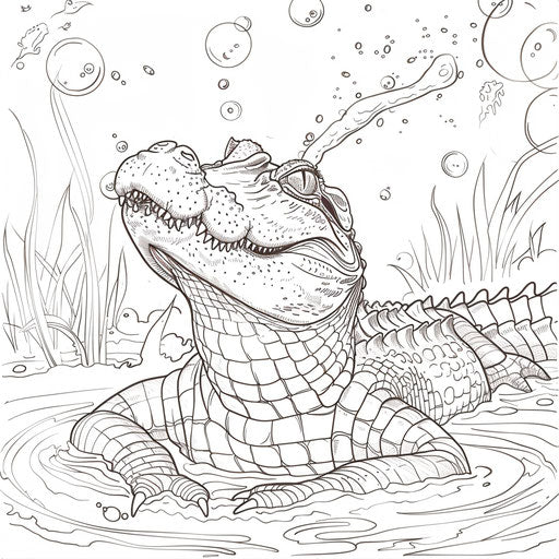 A playful alligator blowing bubbles while swimming. Coloring book page
