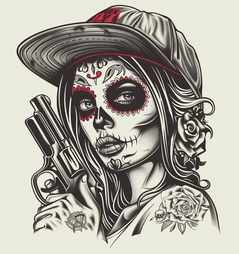 Tattoo Designs with Sugar Skull Woman with a Cap