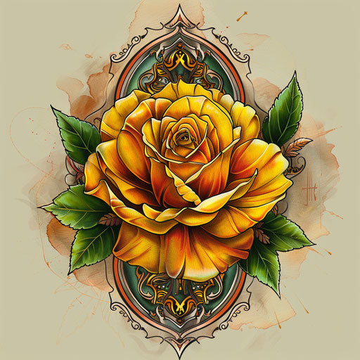 Exotic flat tattoo sketch of a yellow rose with oriental motifs and rich textures