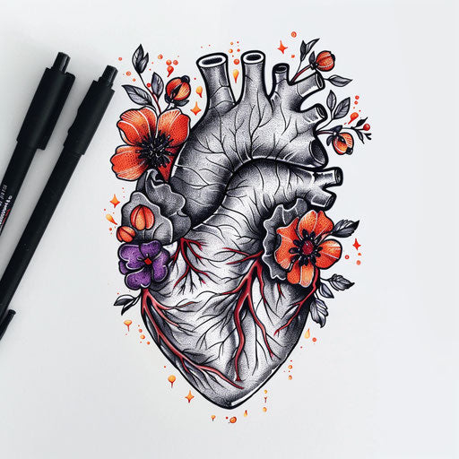 Detailed anatomical heart with floral embellishments