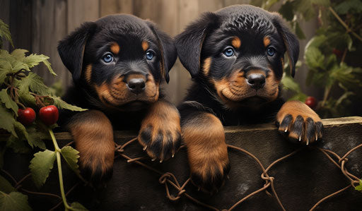Rottweiler puppies playing in a fence by person