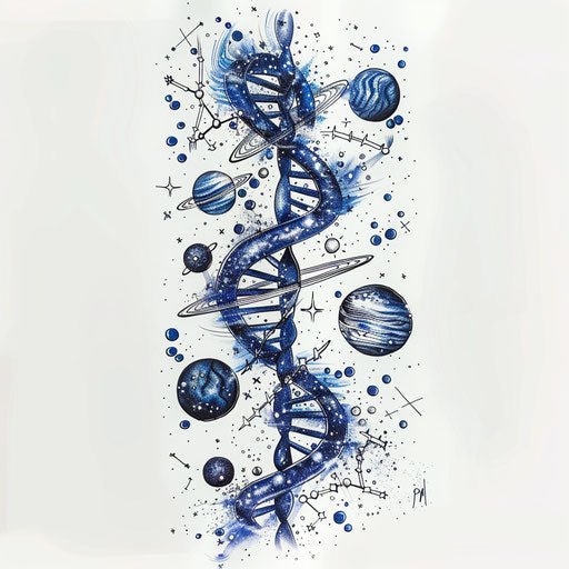 Cosmic DNA tattoo with stars and planets