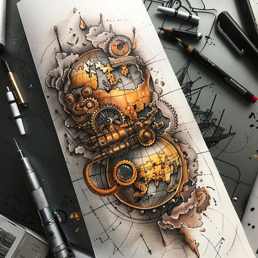Flat steampunk tattoo sketch of Earth with gears and pipes