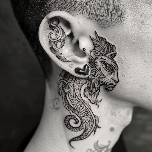 Ear tattoos in the style of David Palumbo with mythical creatures
