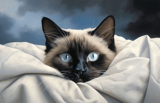 Siamese cat squeezed between two pillows, intense gaze