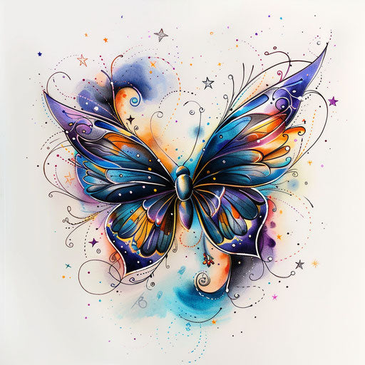 Sketch of a mystical butterfly with stars, vibrant colors and delicate lines