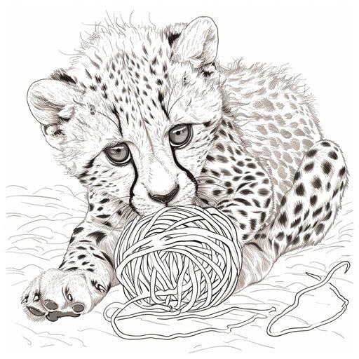 A playful cheetah cub playing with a ball of yarn