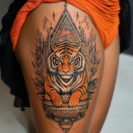 Sak Yant tattoo with tiger and protective Yantra