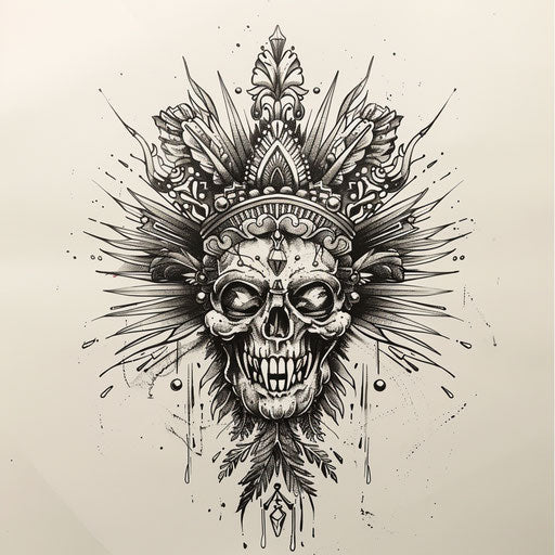 Flat tattoo sketch of a shrunken head with an ornate decora