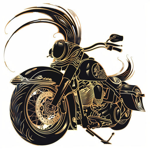 Elegant motorcycle tattoo design with art deco elements in gold and black ink on white background