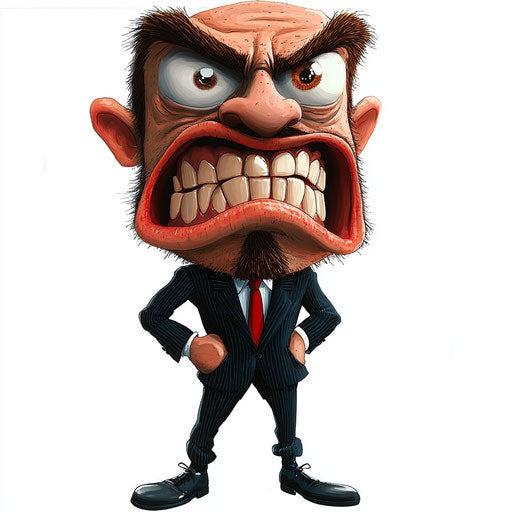 Humorous caricature of a suit with exaggerated mouth and big feet