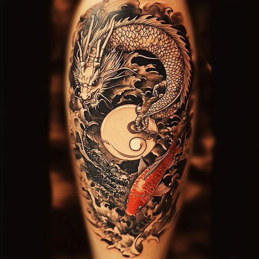 Dragon sleeve tattoo featuring dragon and koi fish in yin-yang