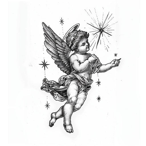 Celestial cherub with stars on pure white background