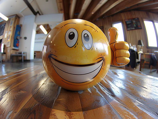 Emotic character thumbs up, fish-eye style, smooth and shiny