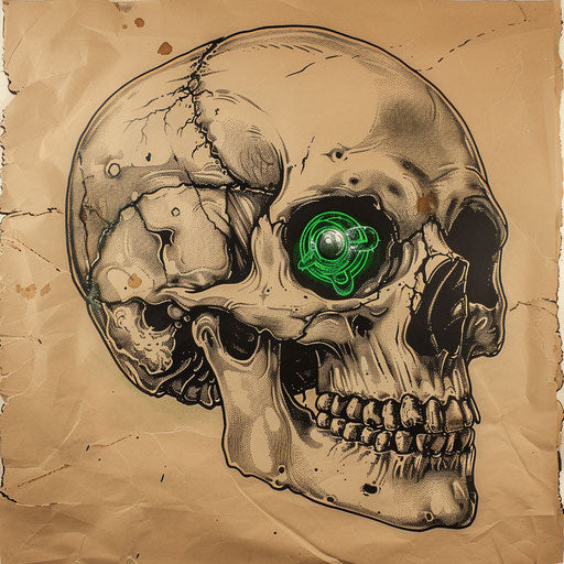Skull with green eye in the style of various artists