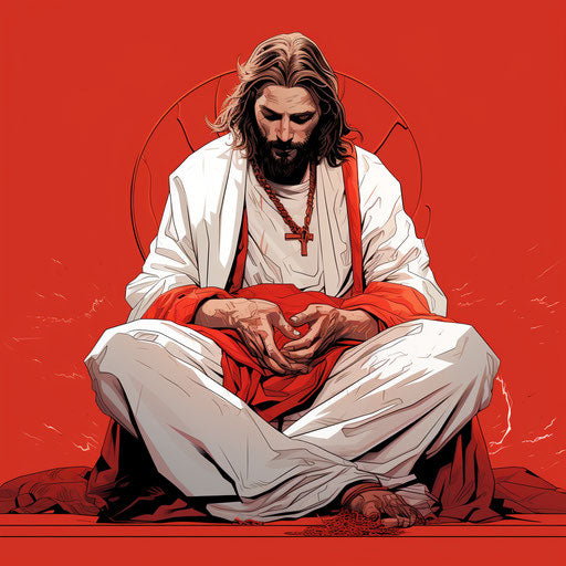 Jesus' hands in his lap, carrying his cross and a large handkerchief, in the style of comic book-inspired minimalist line art