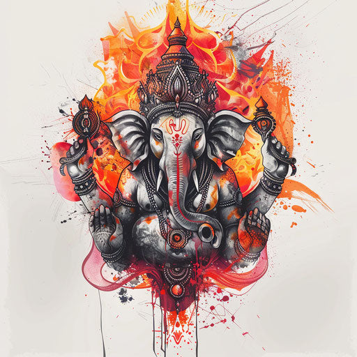 Edgy tattoo sketch of Ganesha, clipart style with fiery red and orange, explosive design