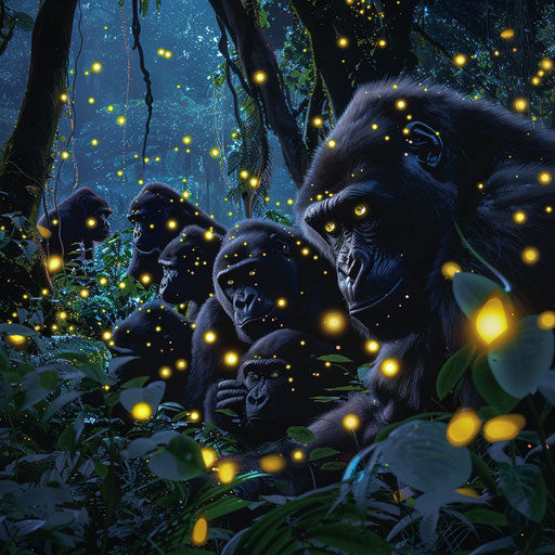 Gorillas illuminated by fireflies at night