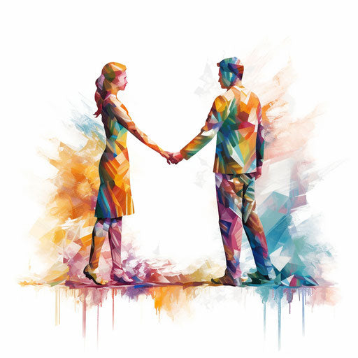 Illustration of people holding hands in the style of Impressionistic Art, on white background