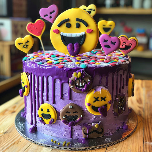Purple cake with colorful and varied emojis