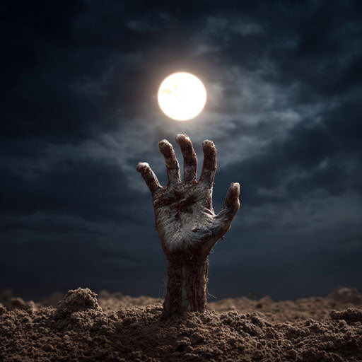 A ghastly hand rises from a grave under the full moon