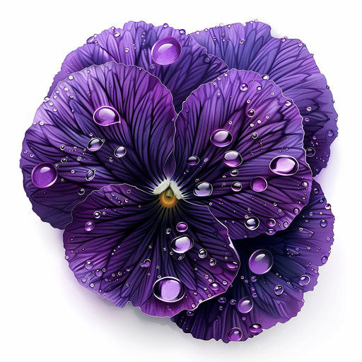Photorealistic illustration of a violet flower tattoo with dew drops on the petals, on white background.