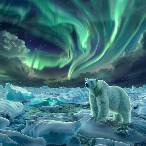 Polar bear among ice sculptures under northern lights
