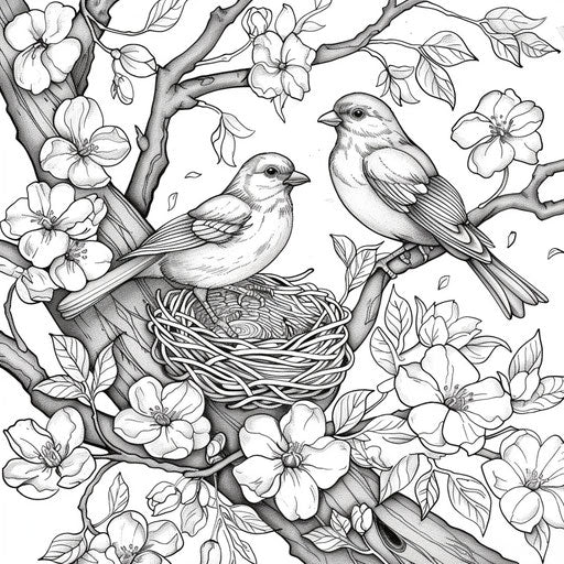 Peaceful scene of birds building a nest in a blossoming tree.