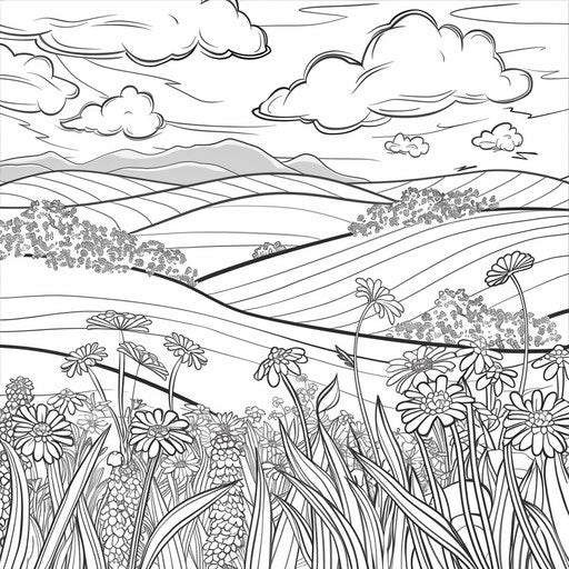 Picturesque landscape with rolling hills and blooming wildflowers