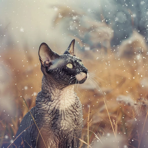 Cornish Rex cat in snowy field