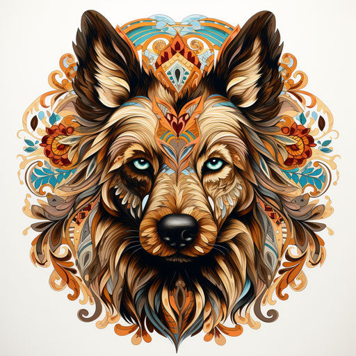 Embroidered portrait of a dog with colorful patterns on head