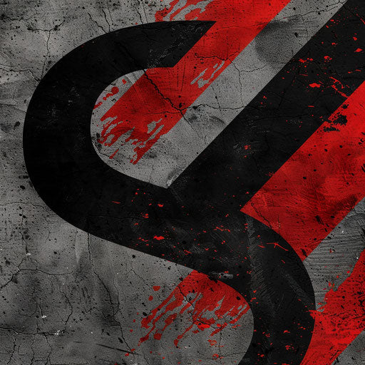 Online logo with rugged textures and bold fonts, black and red tones