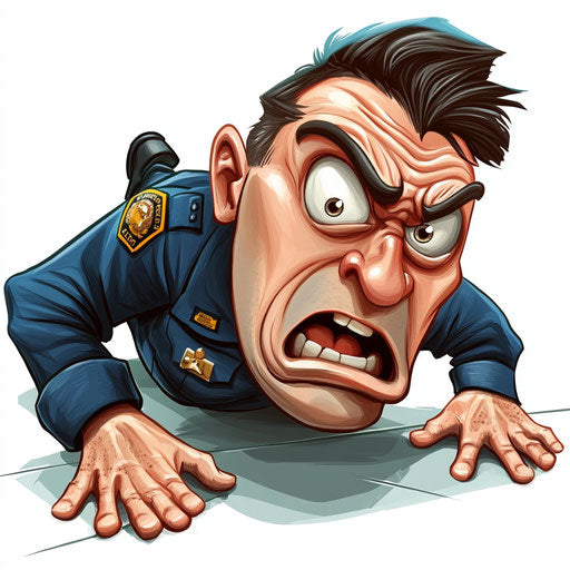 Humorous caricature of a security guard with human characteristics, exaggerated frowning mouth, lying on the ground, vibrant colors, cartoon style, surprised, high resolution, no background, isolated
