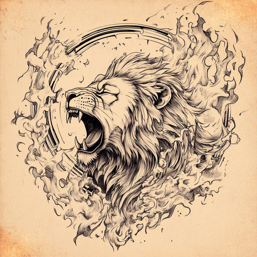 Roaring lion tattoo sketch surrounded by flames