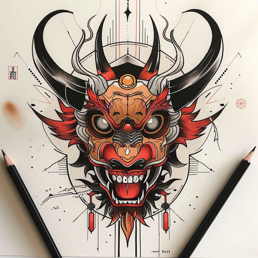 Stylish tattoo sketch of a Japanese demon with elegant art deco lines