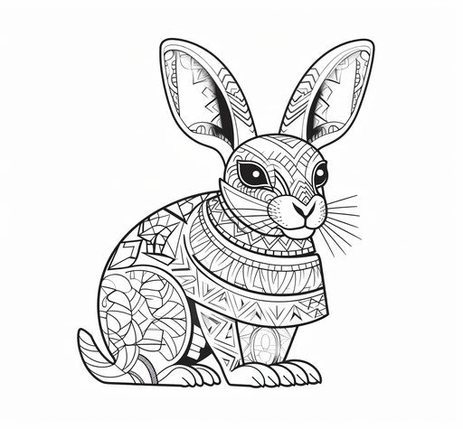 Black and white rabbit illustration for coloring, anthropological and geometric style