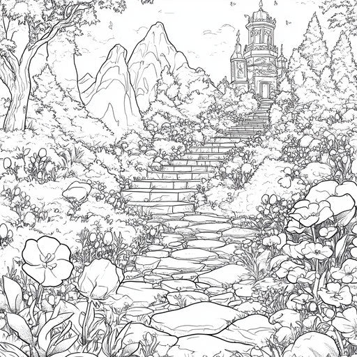 Fantastical garden with enchanted flowers and magical paths