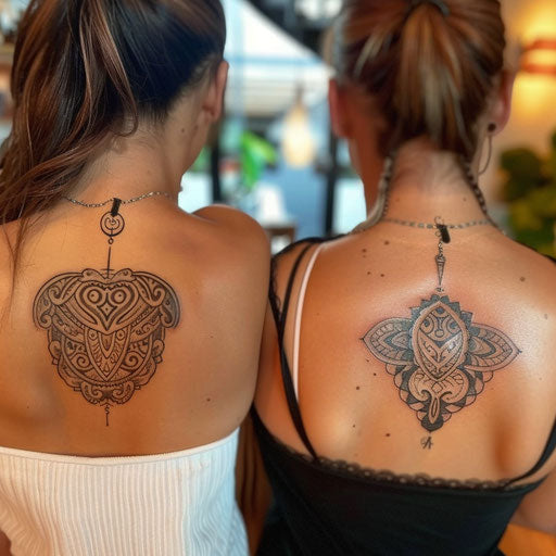 Mother and daughter tattoos with tribal elements, Ami James style