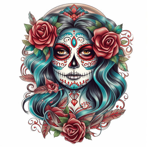 Drawing of a woman with sugar skull tattoos, emerald and crimson style