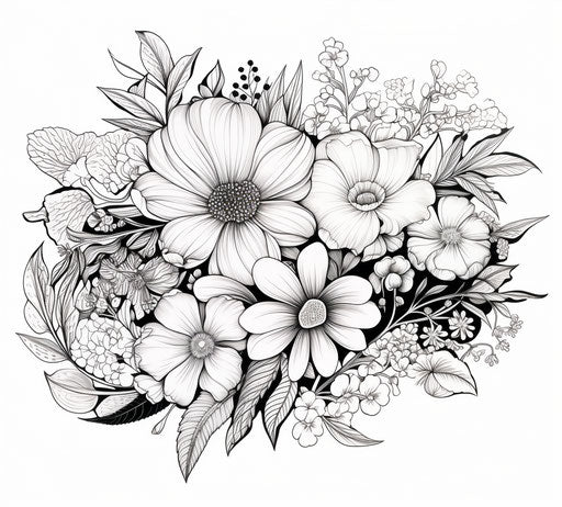 Black and white floral illustration, meticulous inking style