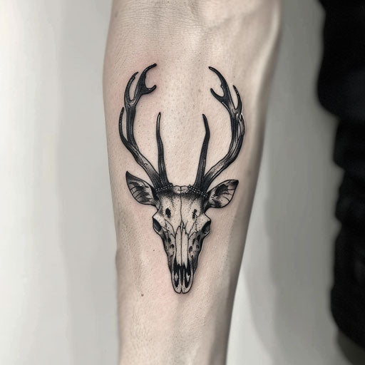 Black and gray deer skull on bright white background