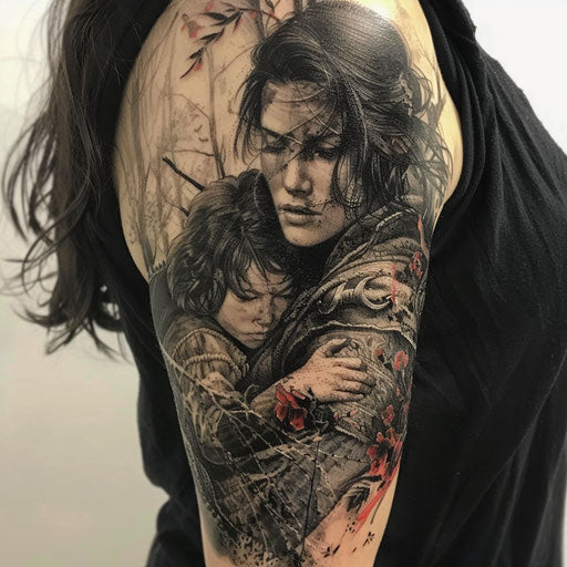 Mother son tattoos with medieval fantasy, Peter Jackson style