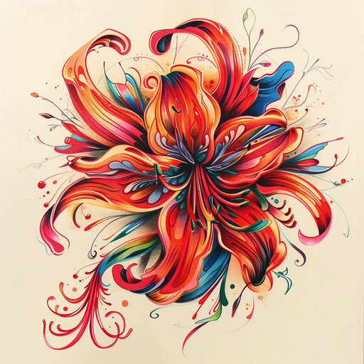 Red flower transforming into fantastical forms